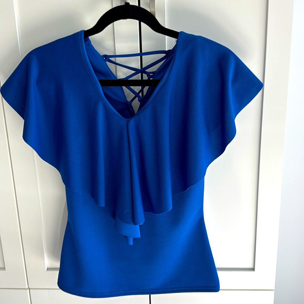 Blue Fitted Sleeveless Top With Flounce Overlay